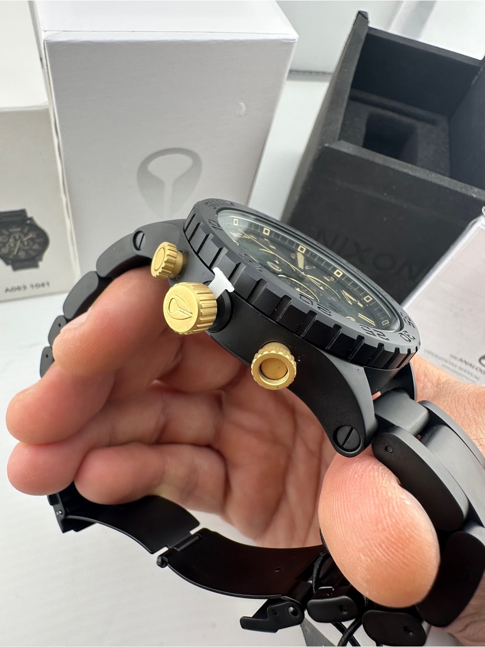 New Nixon Black & Gold Stainless Steel Chronograph Watch